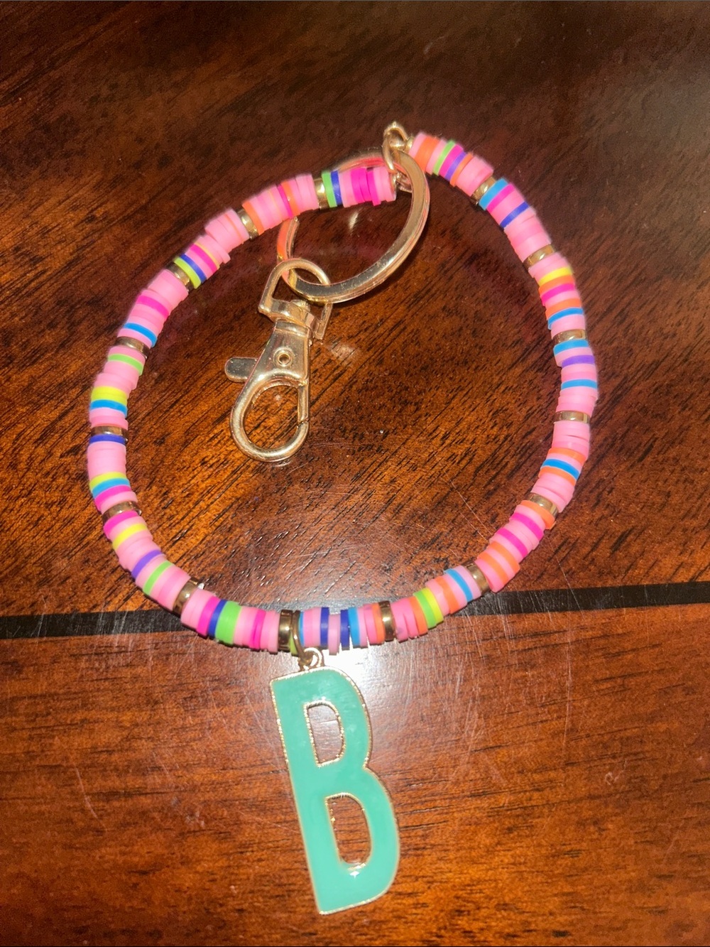 Beaded Keychain Bracelet with 'B' Pendant - Multicolor Pink Accent
